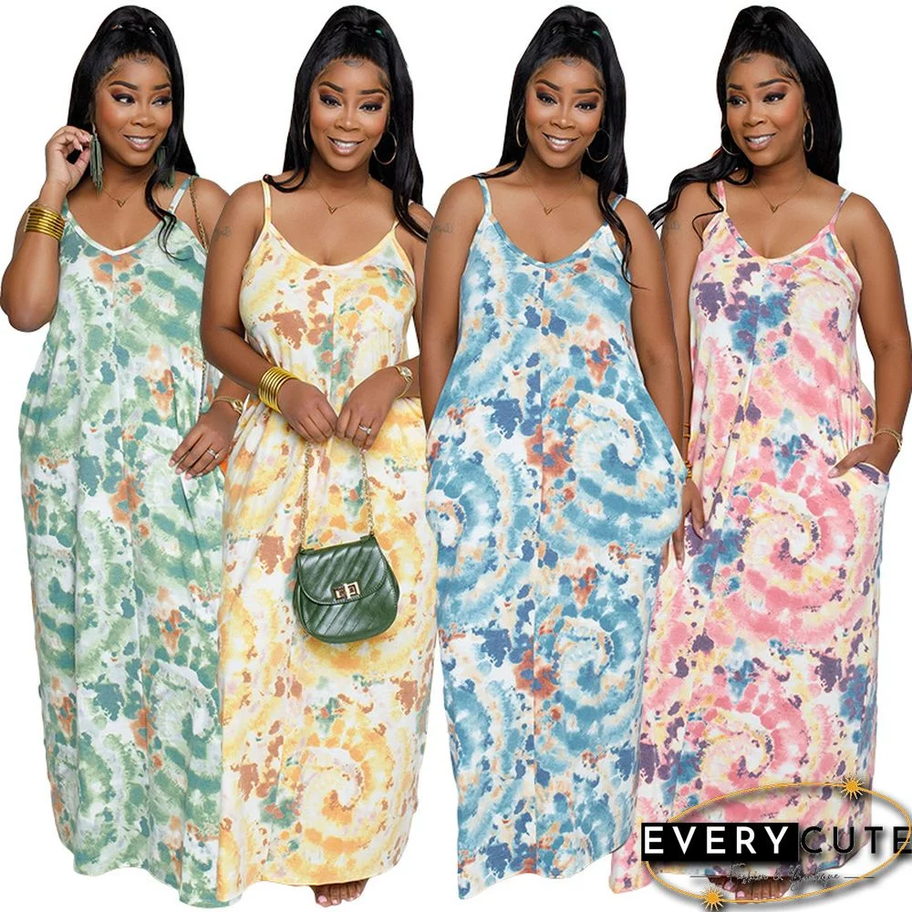 Printed Tie-dyed Sexy Sling V-neck Dress Long Skirt