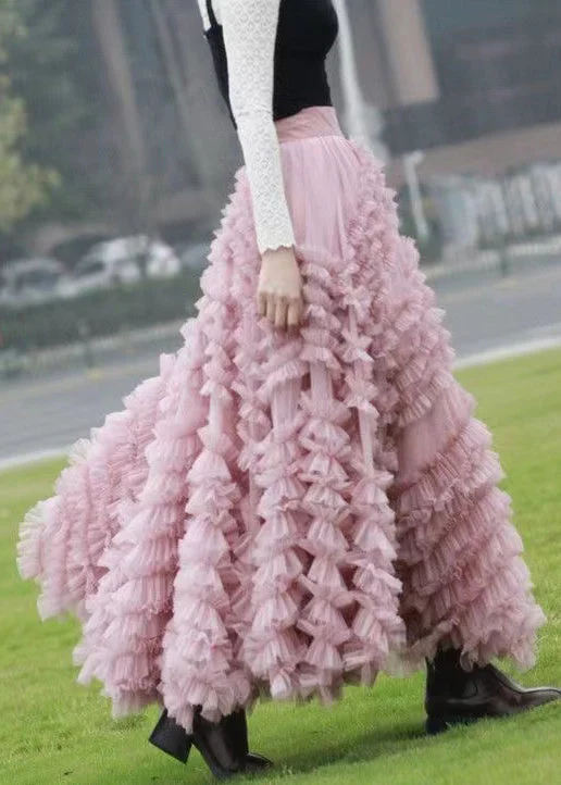 Italian Pink Ruffled High Waist Tulle Skirts Spring