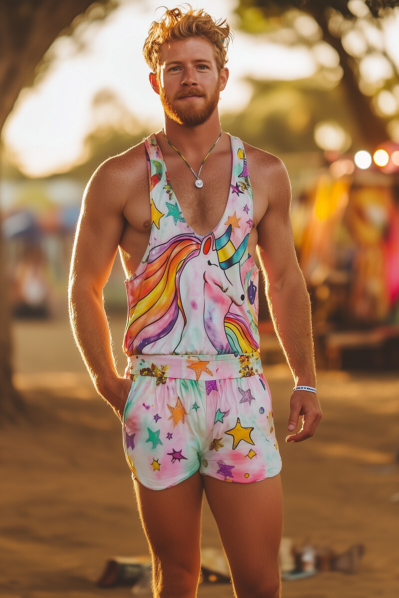 Ciciful Men's Rainbow Graphic Print V Neck Pride Festival Singlet Romper