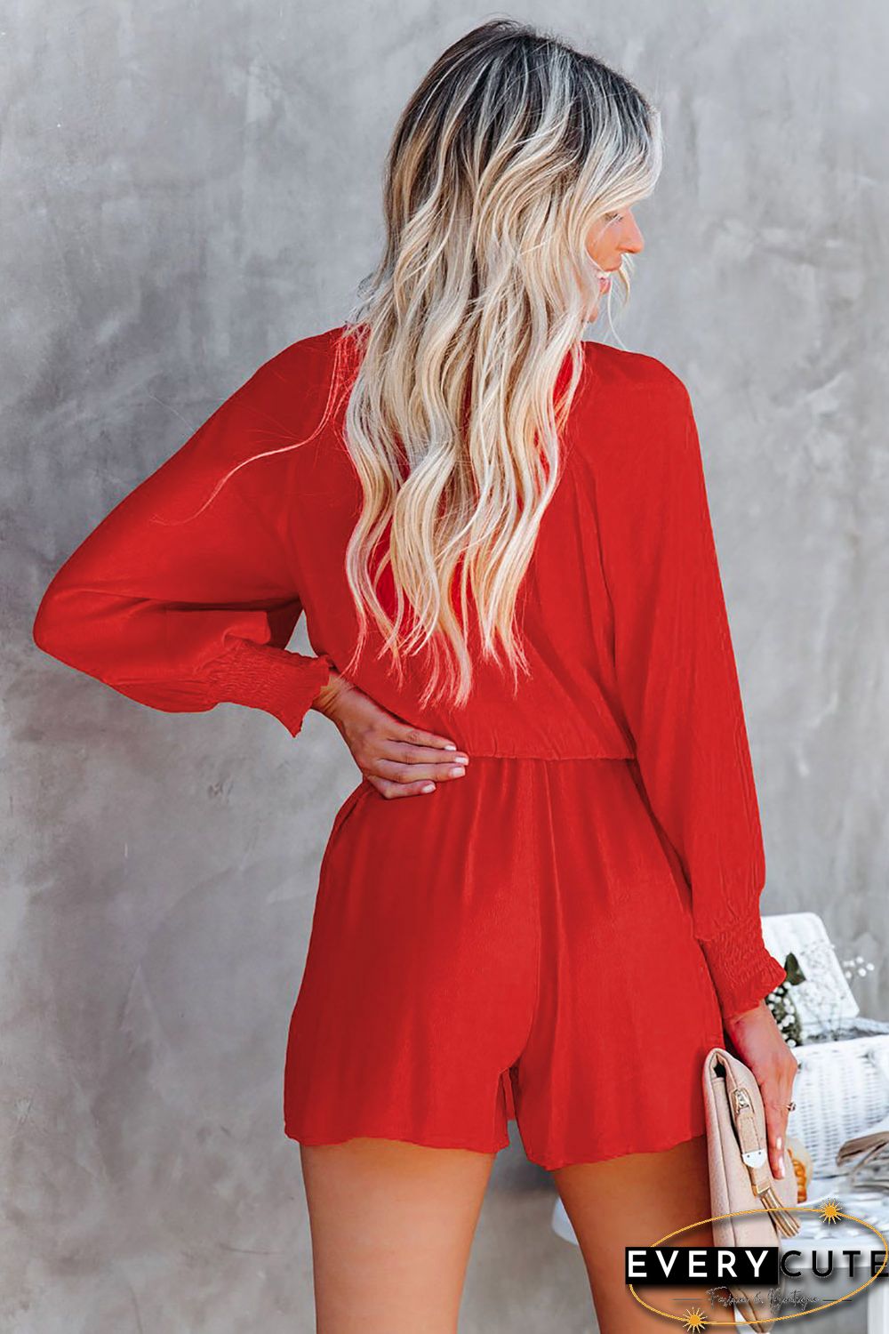Red Tie Knot Puff Long Sleeve Romper
