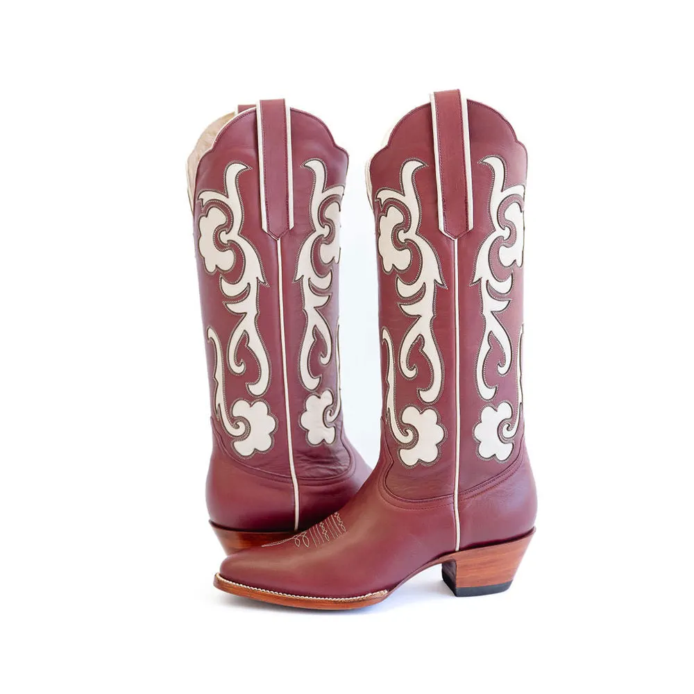 Burgundy Chunky Heel Decorative Inlay Cowboy Boots for Women