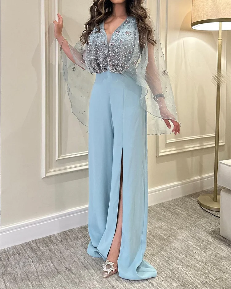 Women's V-neck Mesh Shawl Embroidered Jumpsuit
