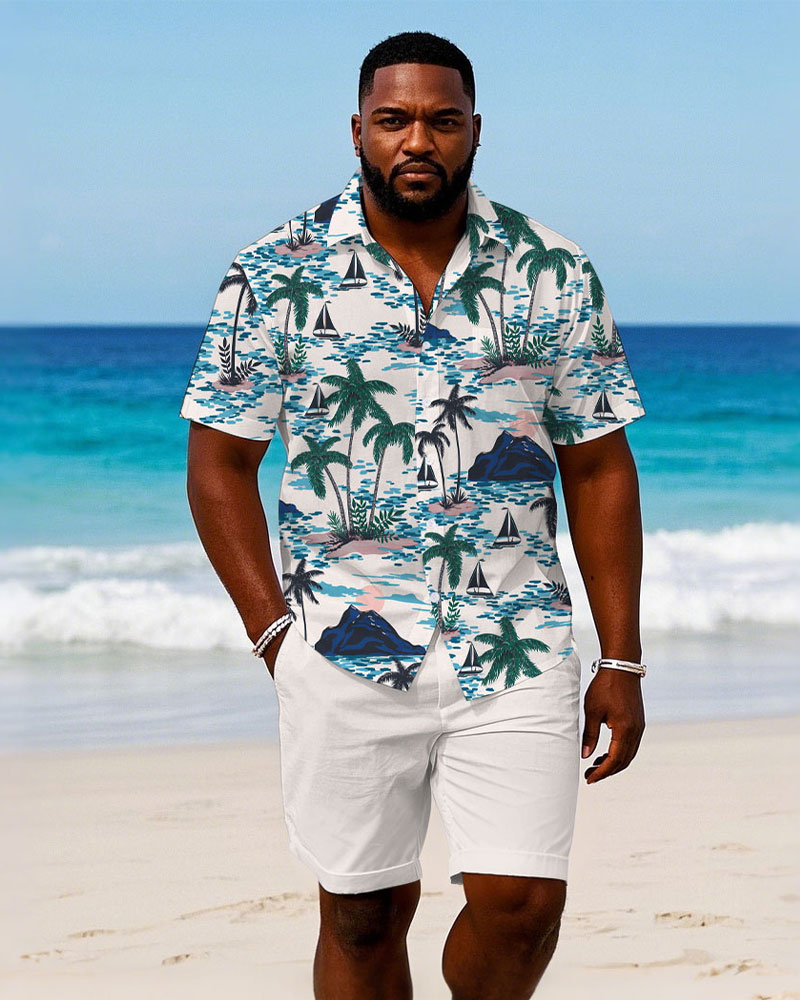 Men's Plus Size Hawaiian Coconut Tree Sailing Print White Shirt Shorts Suit