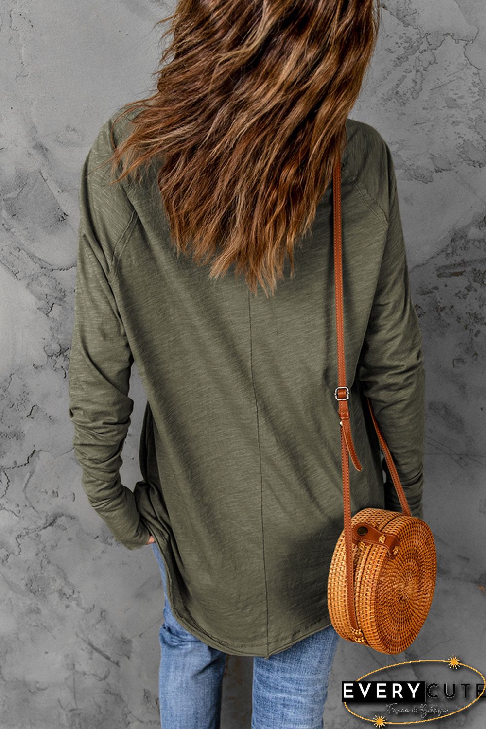 Green Solid Crew Neck Long Sleeve Long Sweatshirt