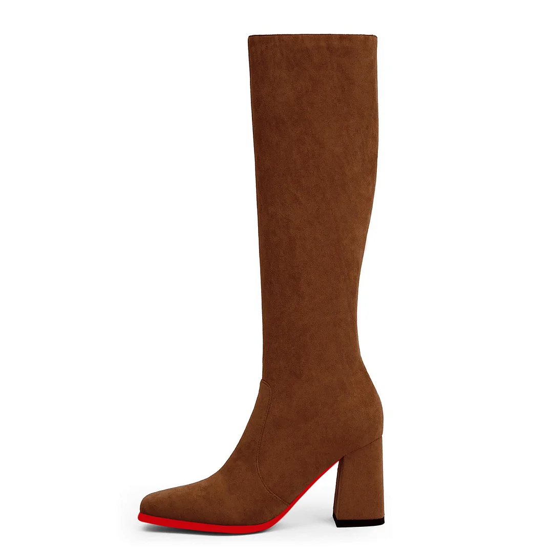 95mm Women's Knee Boots Red Bottom Block Chunky Heels Zipper Fashion Sexy Daily Matte Boot-MERUMOTE