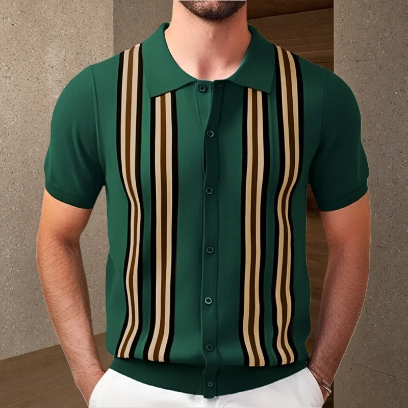 Uveng Uveng Men's Summer Green Striped Short Sleeves Repair Business Polo Shirt T-Shirt SY0113