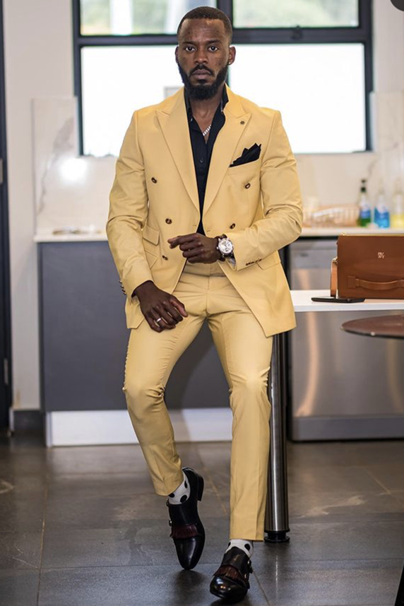 Modern Yellow Peaked Lapel Groom Suits With Double Breasted | Ballbellas Ballbellas