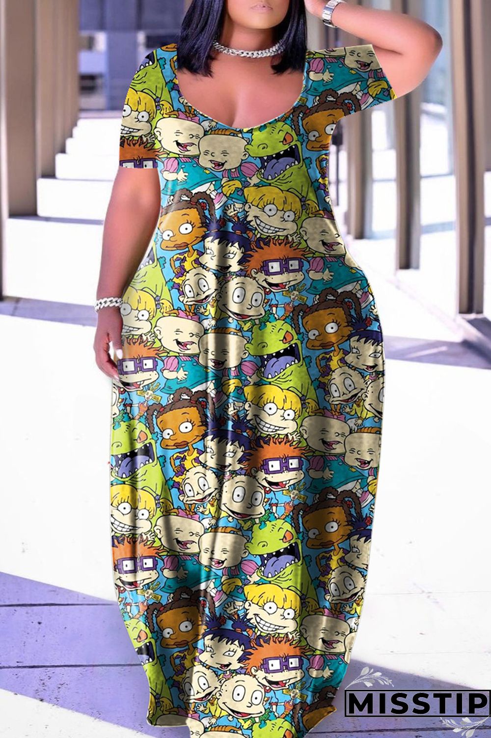 Black Apricot Casual Print Basic V Neck Short Sleeve Dress Plus Size Dresses