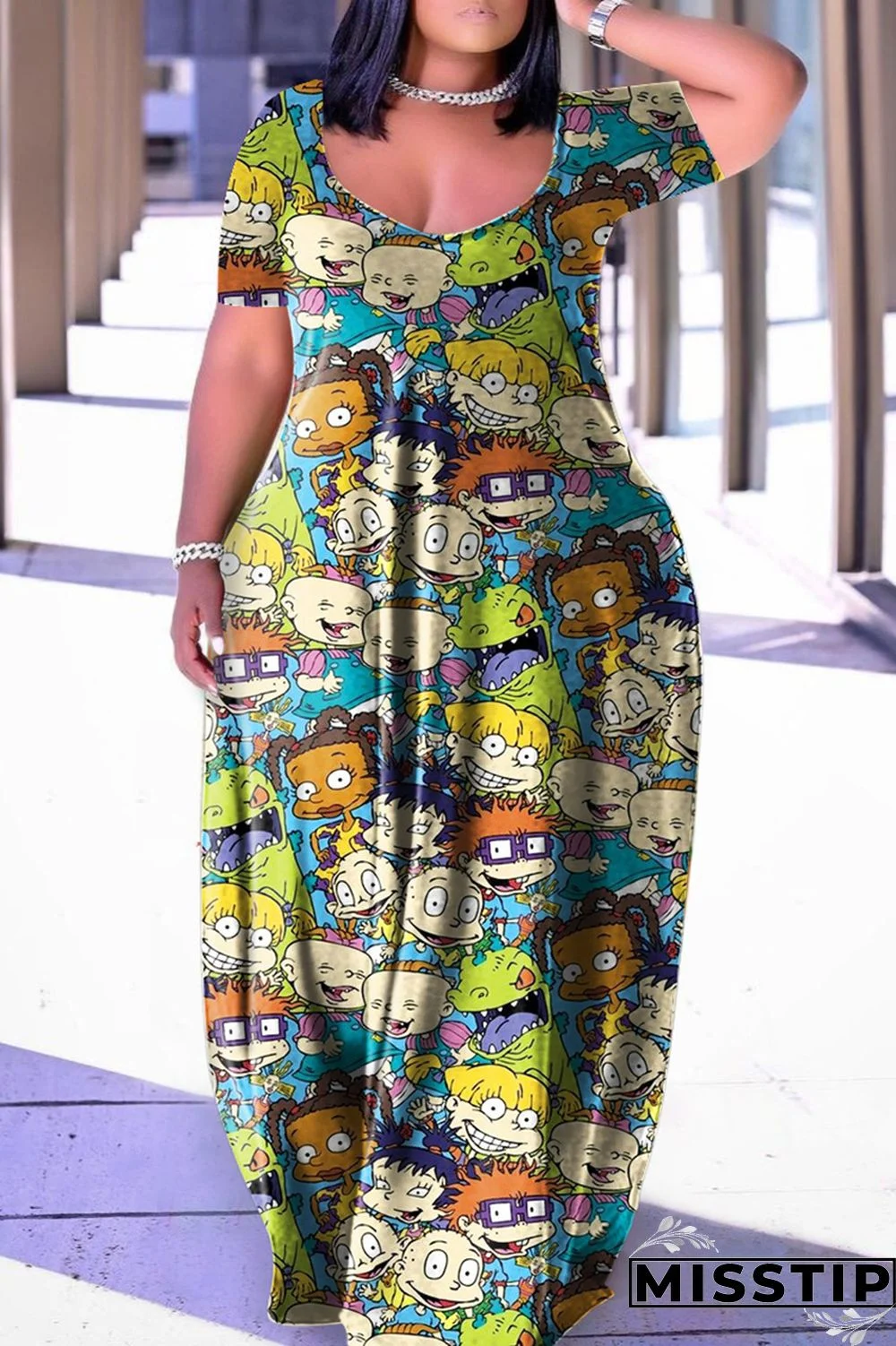 Black Apricot Casual Print Basic V Neck Short Sleeve Dress Plus Size Dresses