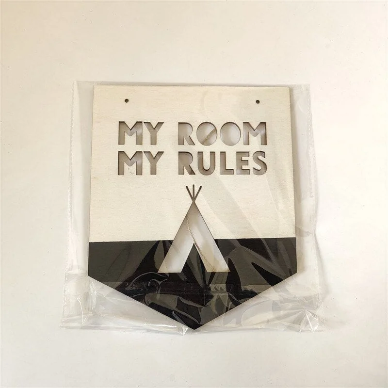 INS Wooden Positive Slogan Banner MY ROOM MY RULES Wood Chip For Kids Room Decoration Ornaments Wall Hanging Garland Photo Props