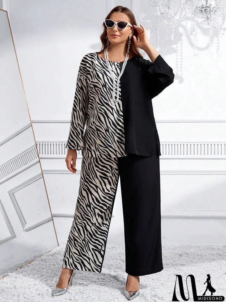 2pcs/Set Plus Size Solid Color Splice Long Sleeve Top And Pants Casual Suit