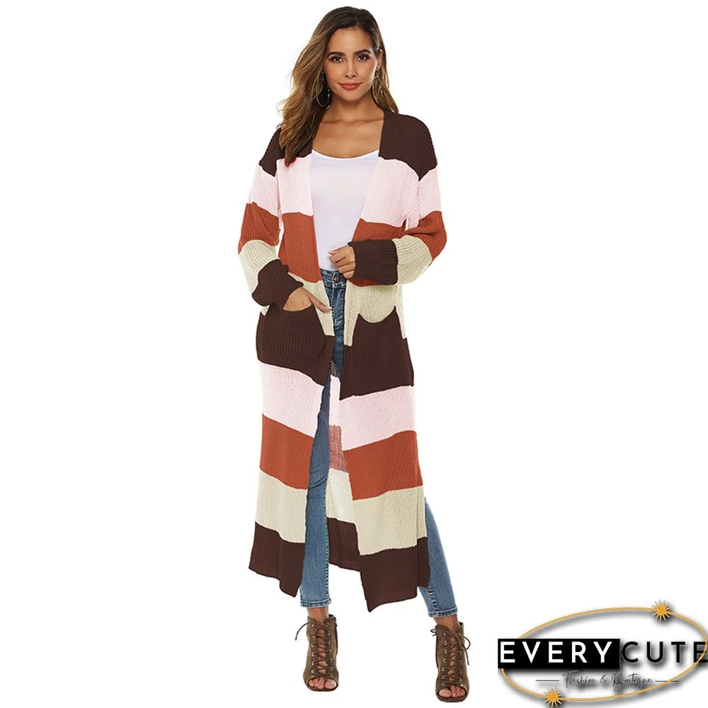 Coffee Color Block Front Pocket Long Cardigan