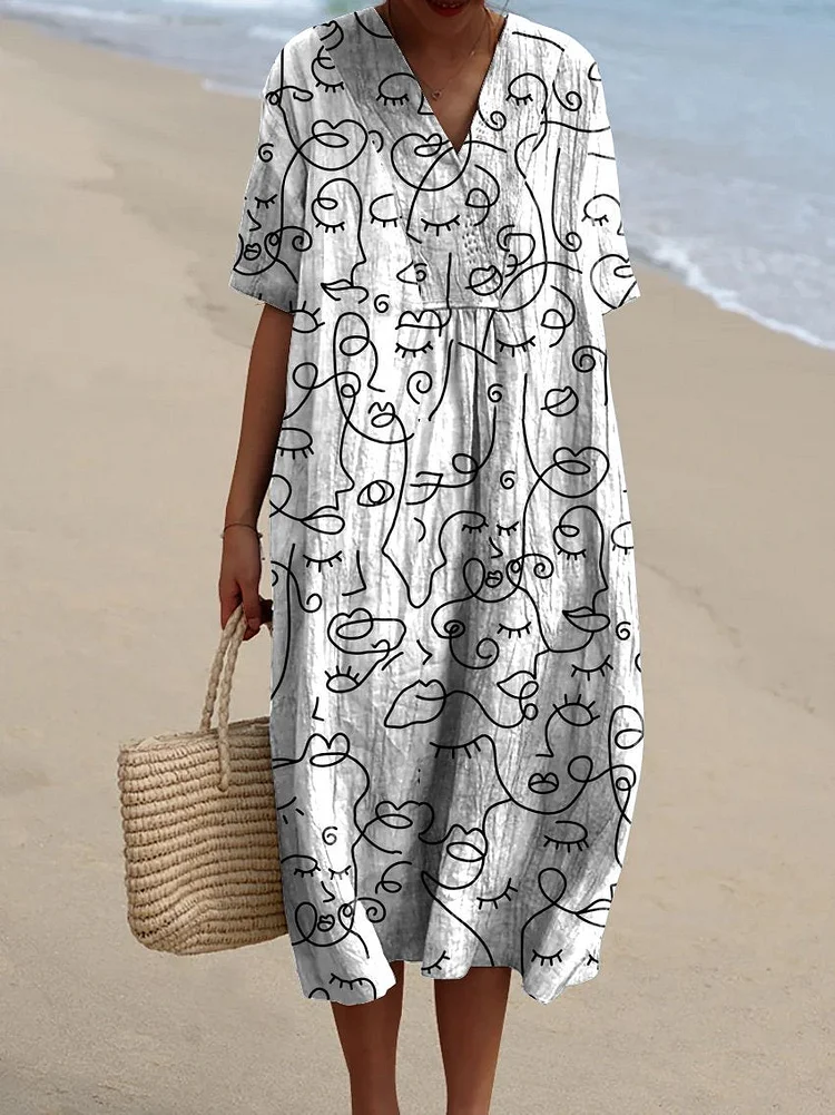 Women's Simple Face Print Print Pocket Linen Dress(Convertible Dress With Front And Back Option)