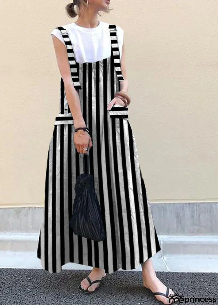 Style Black Strips Oversized Pockets Extra Large Hem Cotton Strap Dresses