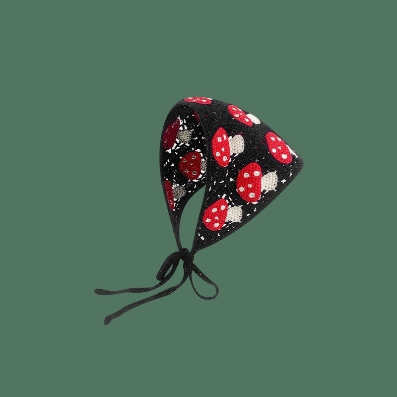 Sweet Handmade Mushroom Strawberry Crocheted Scarf French Triangle Scarf Closed Toe Women’s Net Red Knitted Hair Band Headband