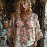 Bohème Pink Rose Embroidered Linen V-neck Short-sleeved Top - Image 2