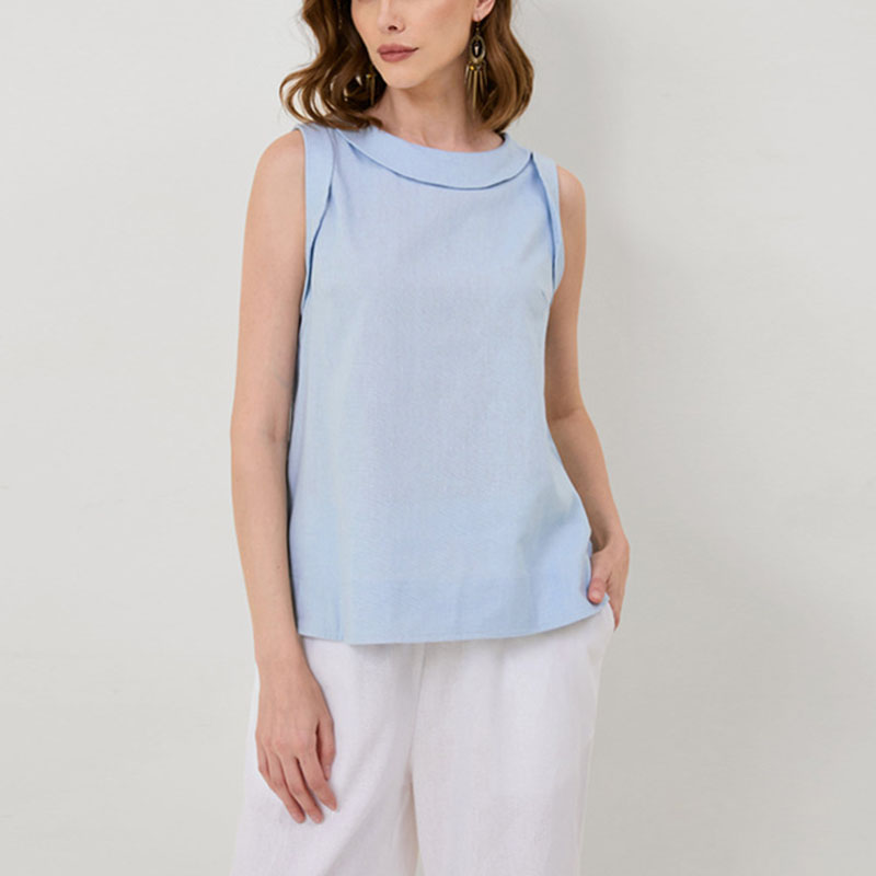 Women's lapel collar sleeveless cotton linen shirt