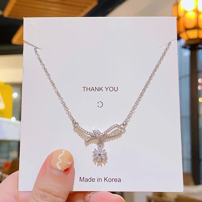 304 Stainless Steel Copper 18K Gold Plated K Gold Plated Inlay Bow Knot Zircon Pendant Necklace