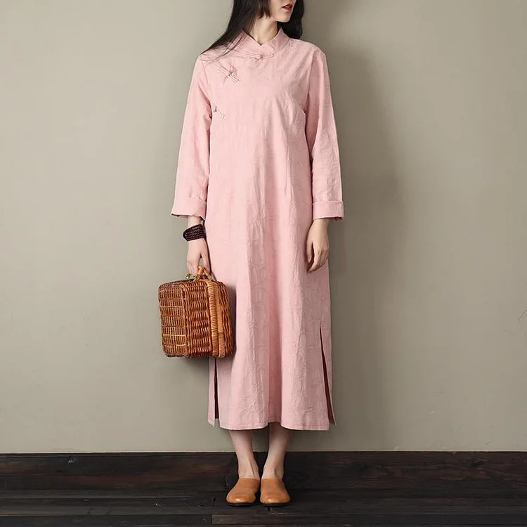 French Chinese Button cotton spring clothes For Women linen pink Dresses