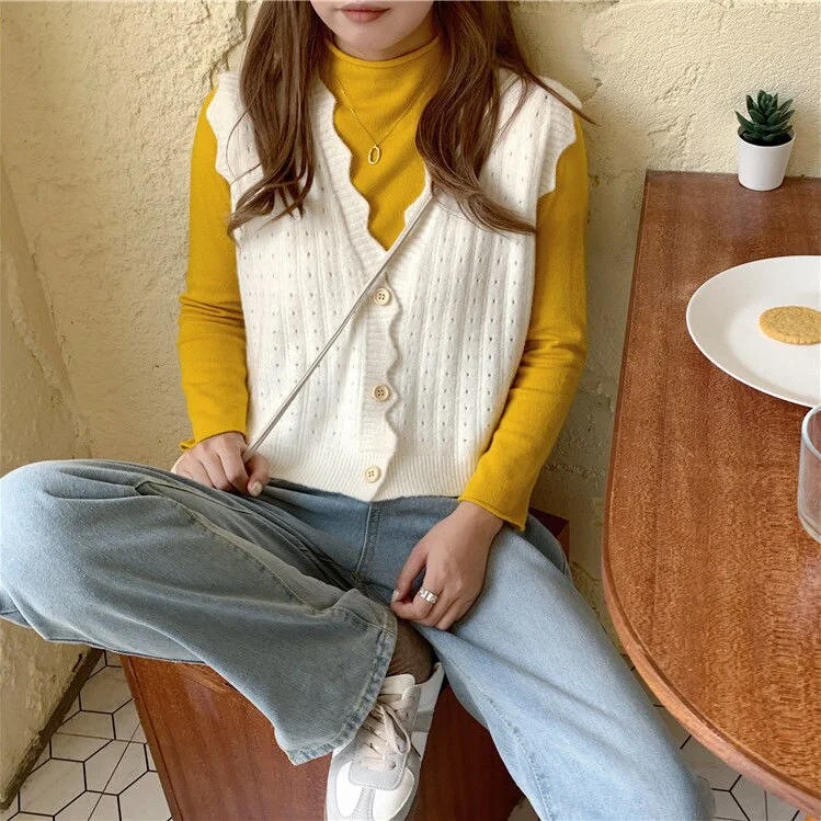 Sweater Vest Women Ruffles Single-breasted Candy Colors Sweet Tops for Ladies Harajuku Style Solid Fashion Chic All-match Ins