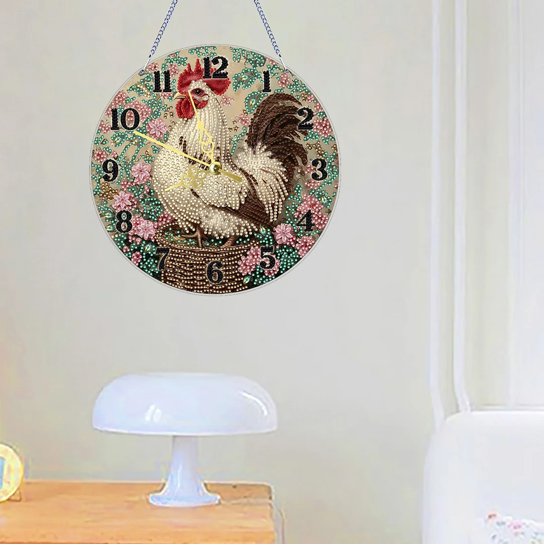 Rooster 2D Flat DIY Acrylic Diamonds Painting Clocks for Living Room Decoration