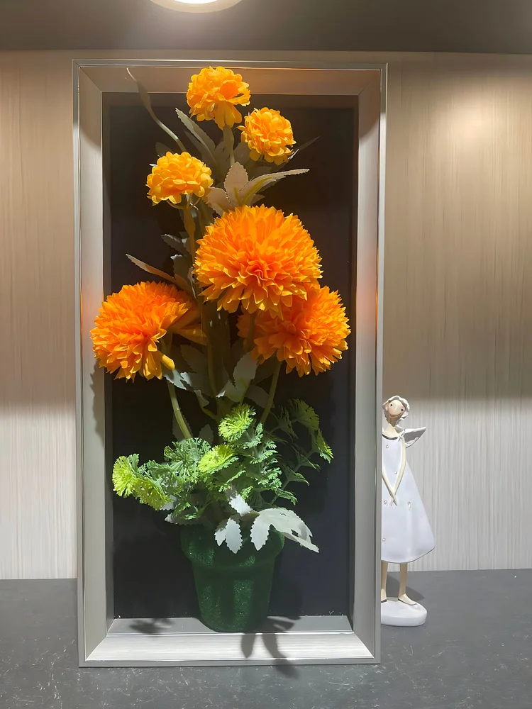 Orange Chrysanthemum Realistic Framed Flower Art (23*45cm) - 3D Artificial Flower Decoration for Living Room & Entryway