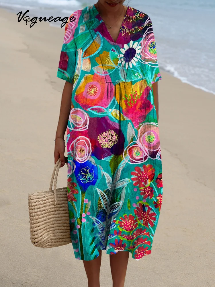 Bright And Fashionable Painted Flowers Printed Women's Casual Cotton And Linen Dress