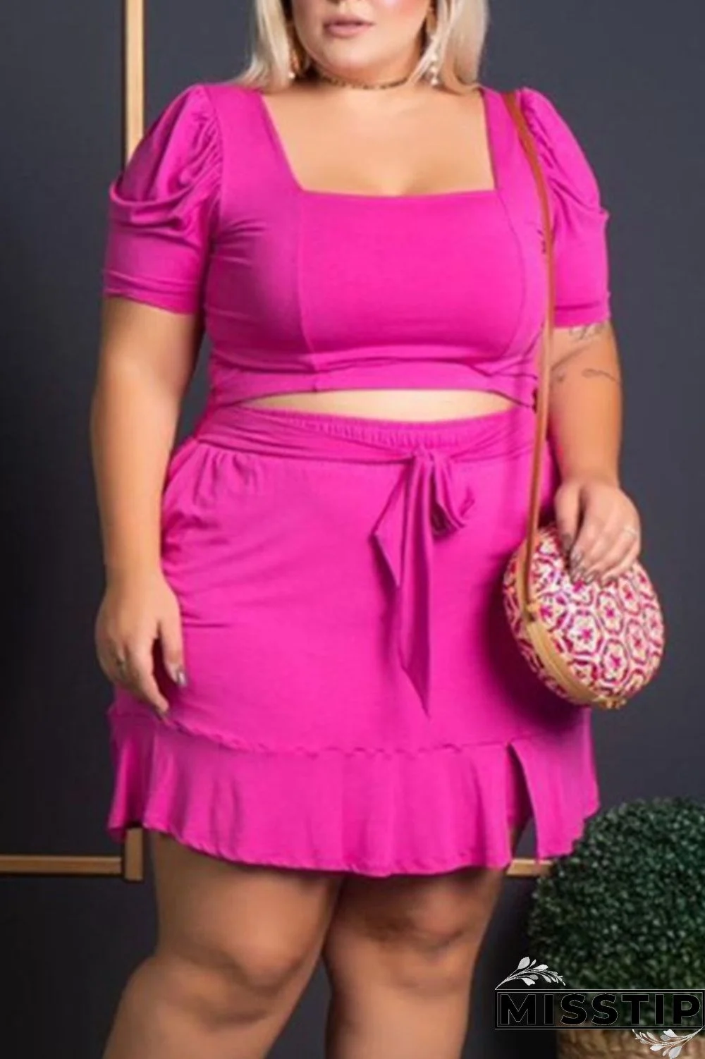 Pink Casual Solid Bandage Patchwork Square Collar Straight Plus Size Two Pieces