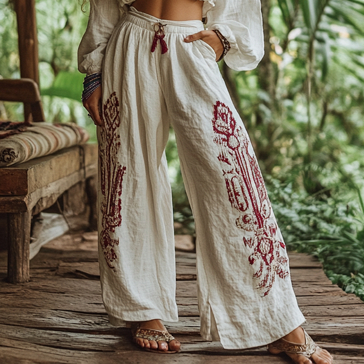 Bohemian Holiday Style Retro Linen Floral Ethnic Totem Print Casual Pants