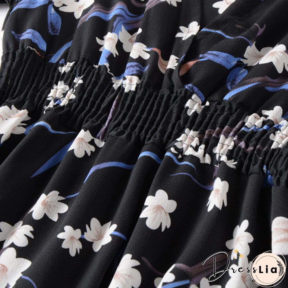 Women's Fashion Bohemian Skirt Chiffon Summer Print V-Neck Short-Sleeved Floral Dress