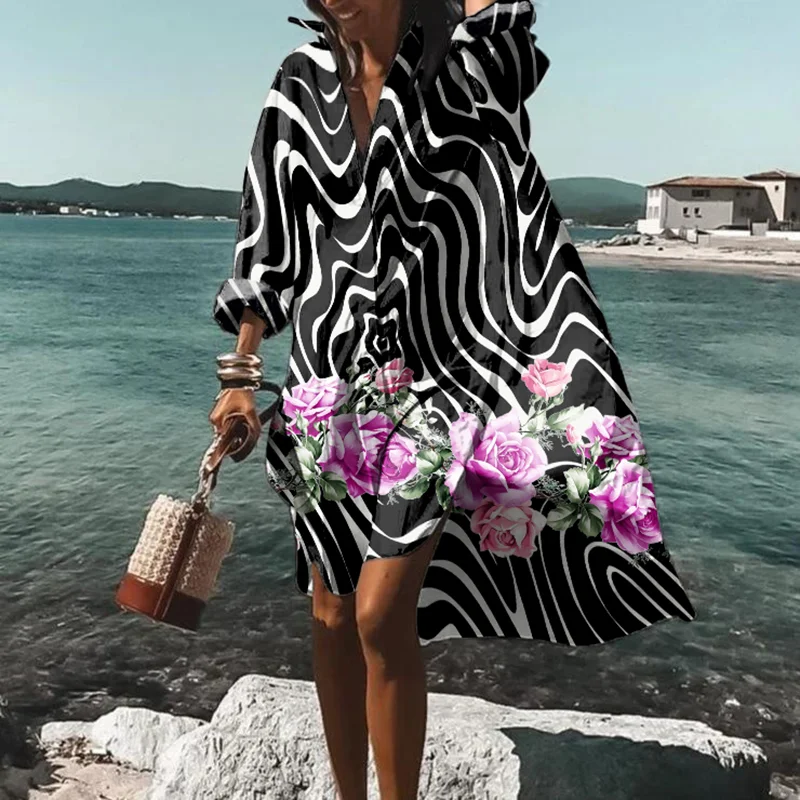 ⚡NEW SEASON⚡⚡NEW SEASON⚡Geometric Wave Floral Print Casual Midi Dress