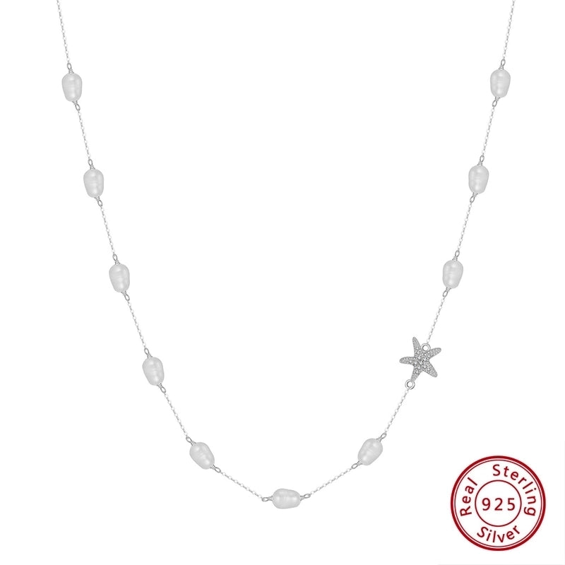 925 Sterling Silver Plated Freshwater Pearl Beaded Chain Cable Chain Plating Inlay Starfish Necklace