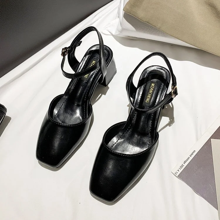 Tanguoant Tanguoant Summer New Fashion Simple One-Line Buckle Baotou Hollow Thick Heel Sandals High Heels Women