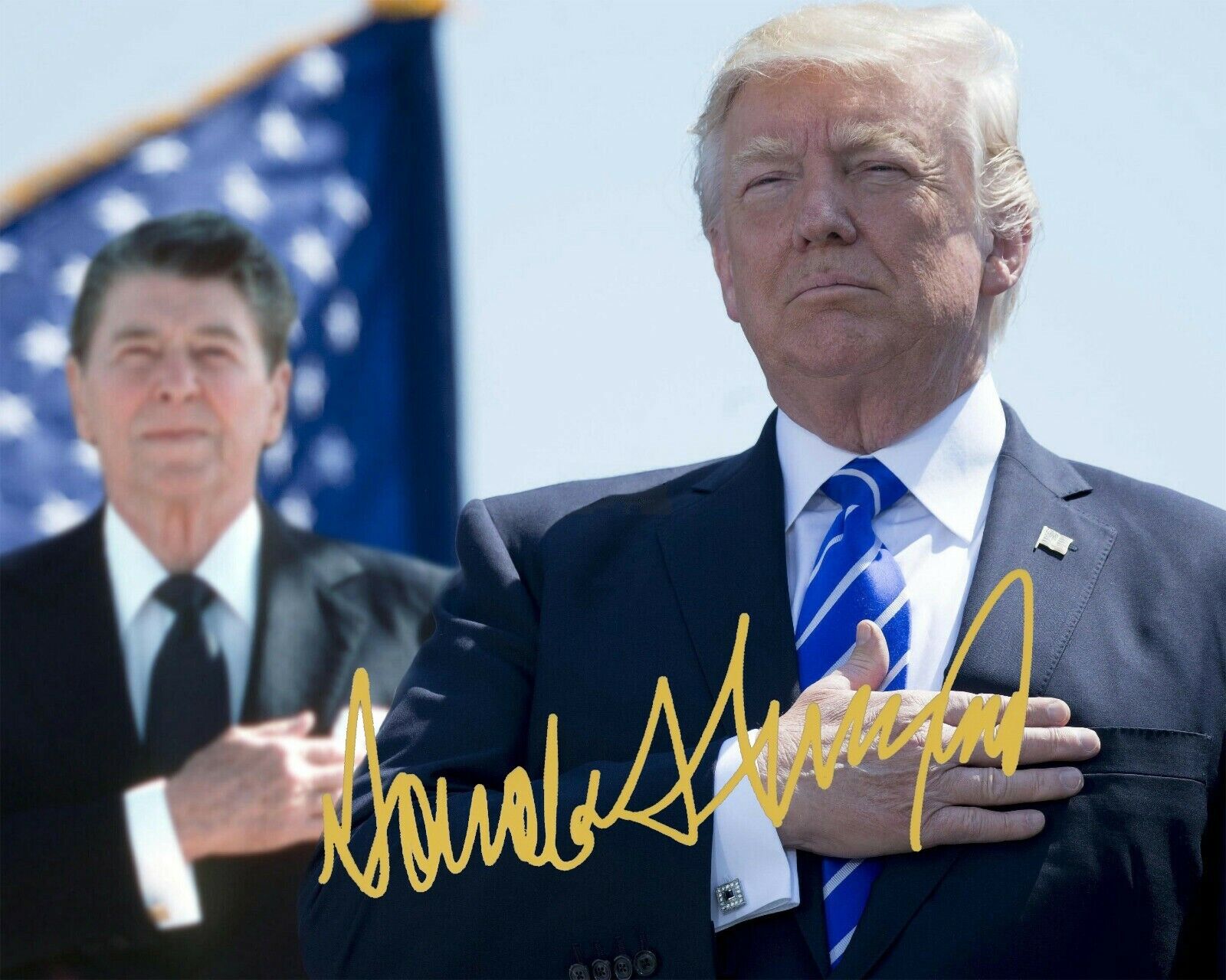 PRESIDENT DONALD TRUMP RONALD REAGAN FLAG SIGNED AUTOGRAPH 8.5X11 Photo Poster painting REPRINT