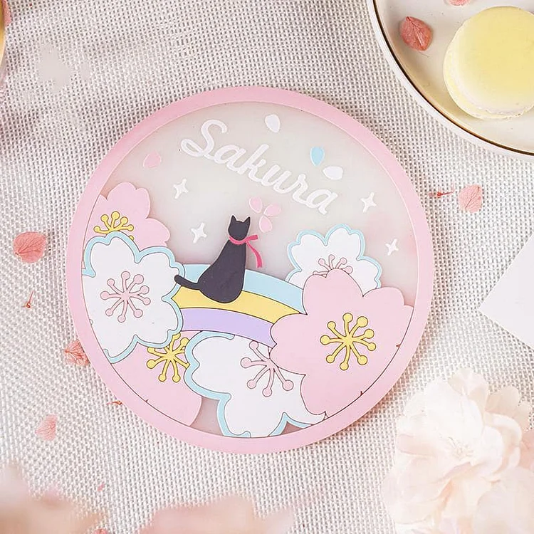 Kawaii Pastel Sakura Black Cat Coaster SS1765