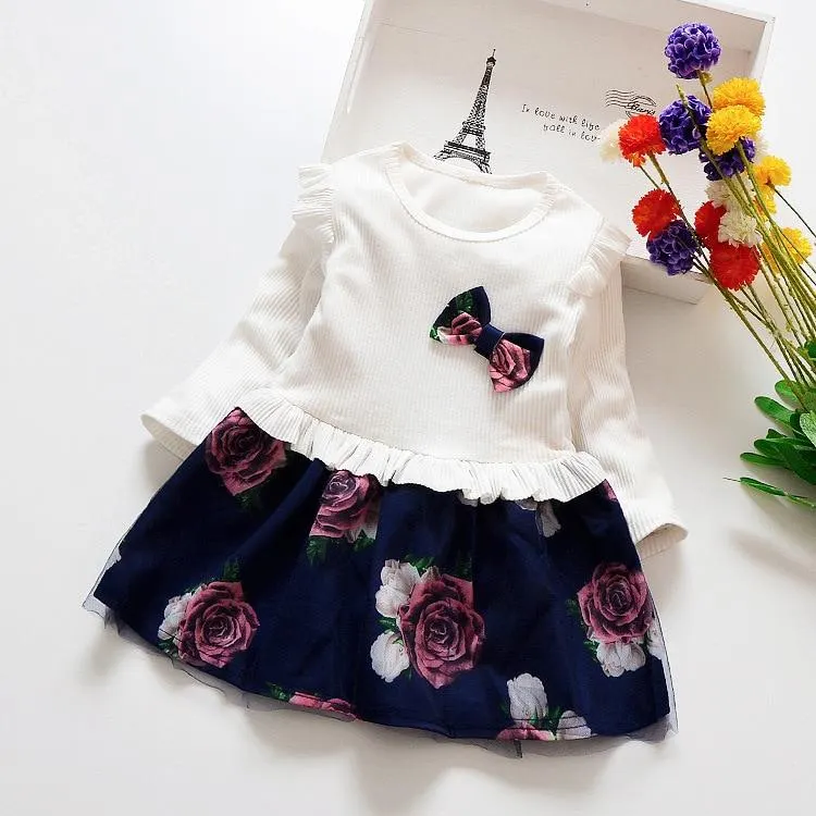 1 to 6 Yrs Spring Autumn Toddler Girl Dress Long Sleeve Toddler Dress Floral Bow Kids Dresses for Girls Fashion Girls Clothing