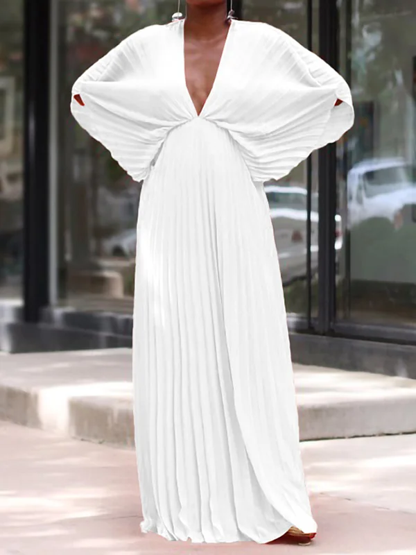 Pleated Solid Color Batwing Sleeves High Waisted Deep V-Neck Maxi Dresses