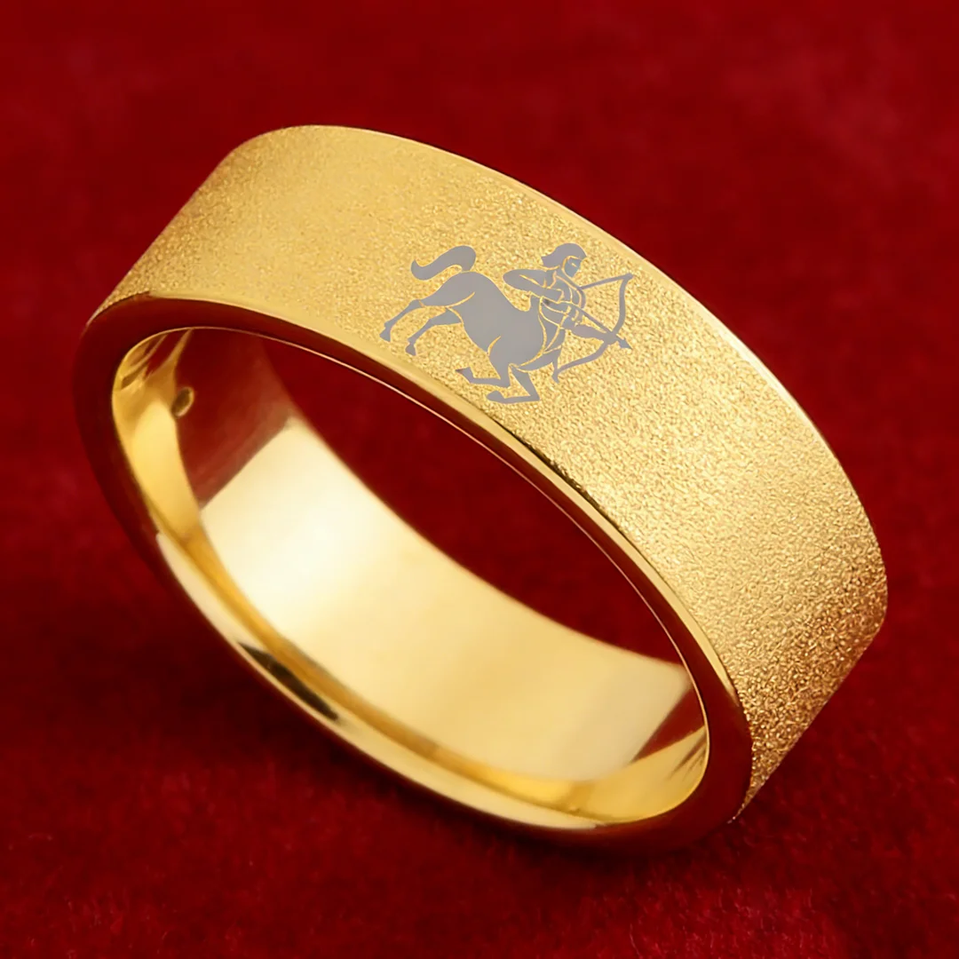 Gold Tungsten Carbide Rings Flat Sagittarius Wedding Band Flat Top Comfort Fit 4MM 6MM 8MM Width