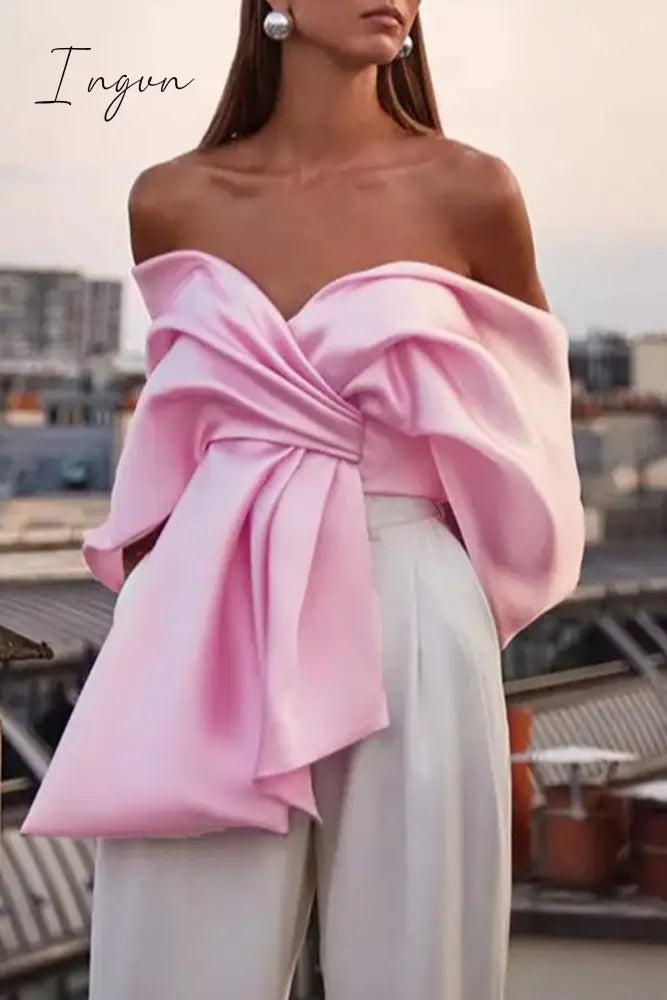 Sweet Solid Asymmetrical With Bow V Neck Tops Pink / S