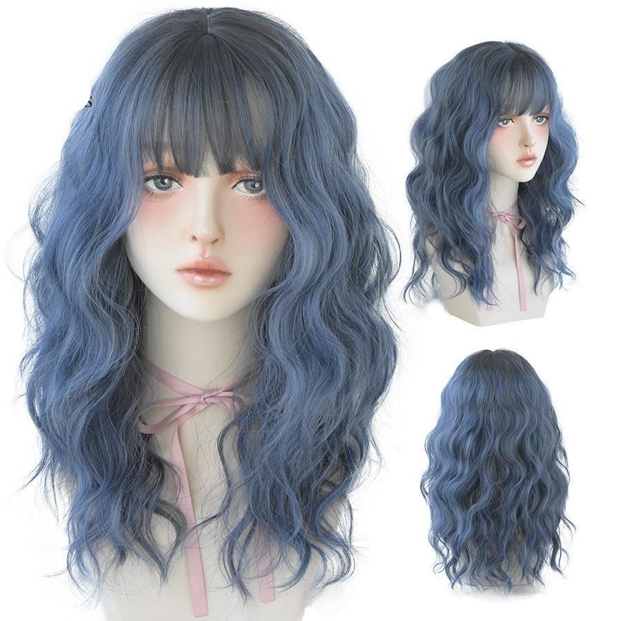 Halloween Blue Deep Wave Wig With Bangs-elleschic