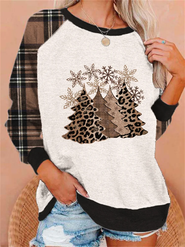 Wearshes Leopard Christmas Trees Plaid Patchwork Sweatshirt