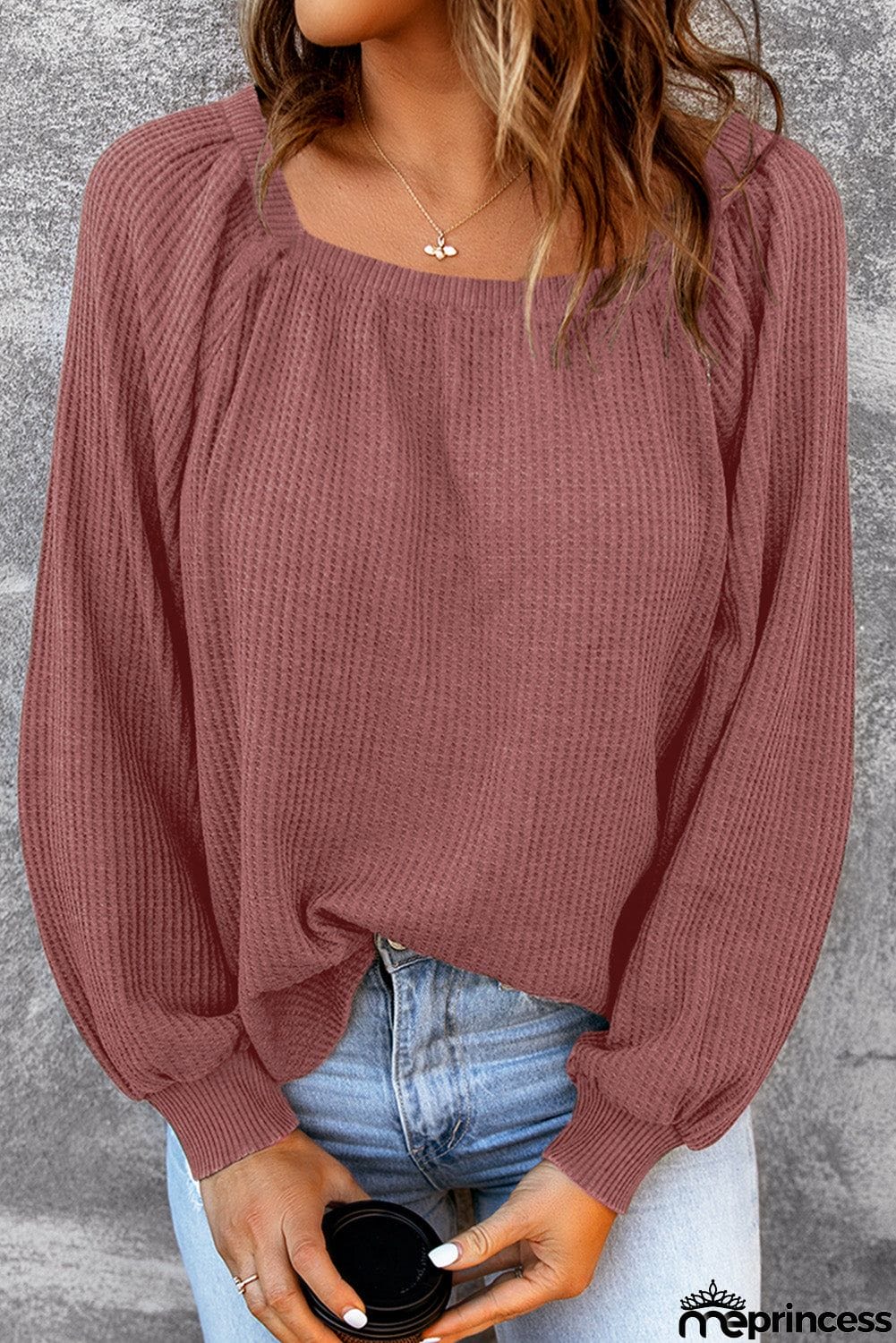 Scoop Neck Puff Sleeve Waffle Knit Top