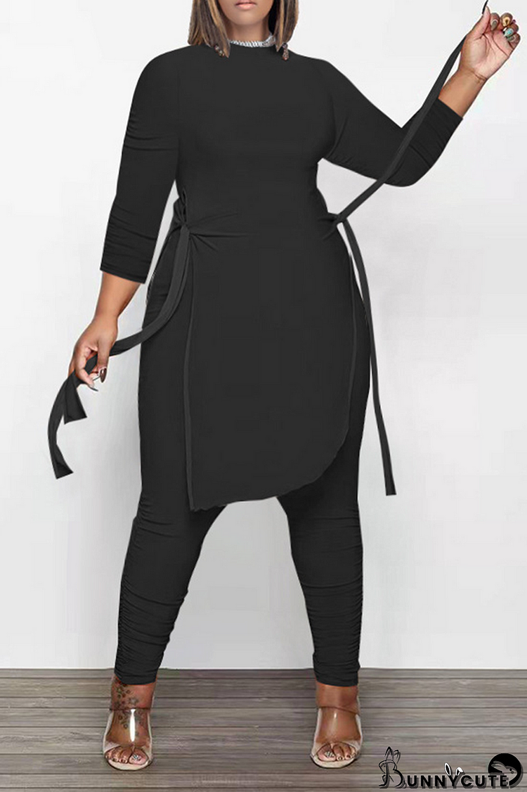 Black Casual Solid Draw String O Neck Long Sleeve Two Pieces