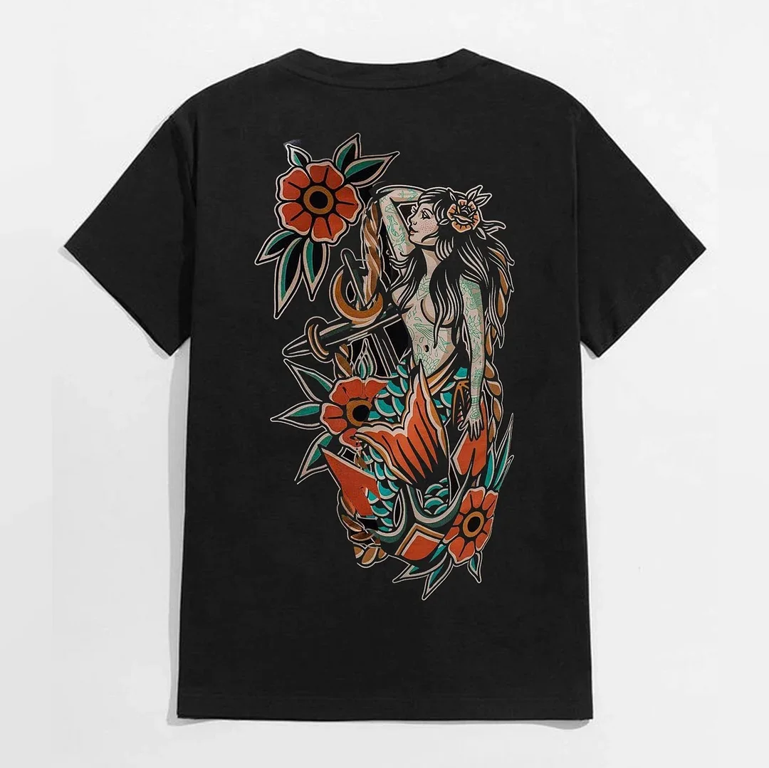 Mythology Goddess with Flowers Graphic Casual Black Print T-shirt