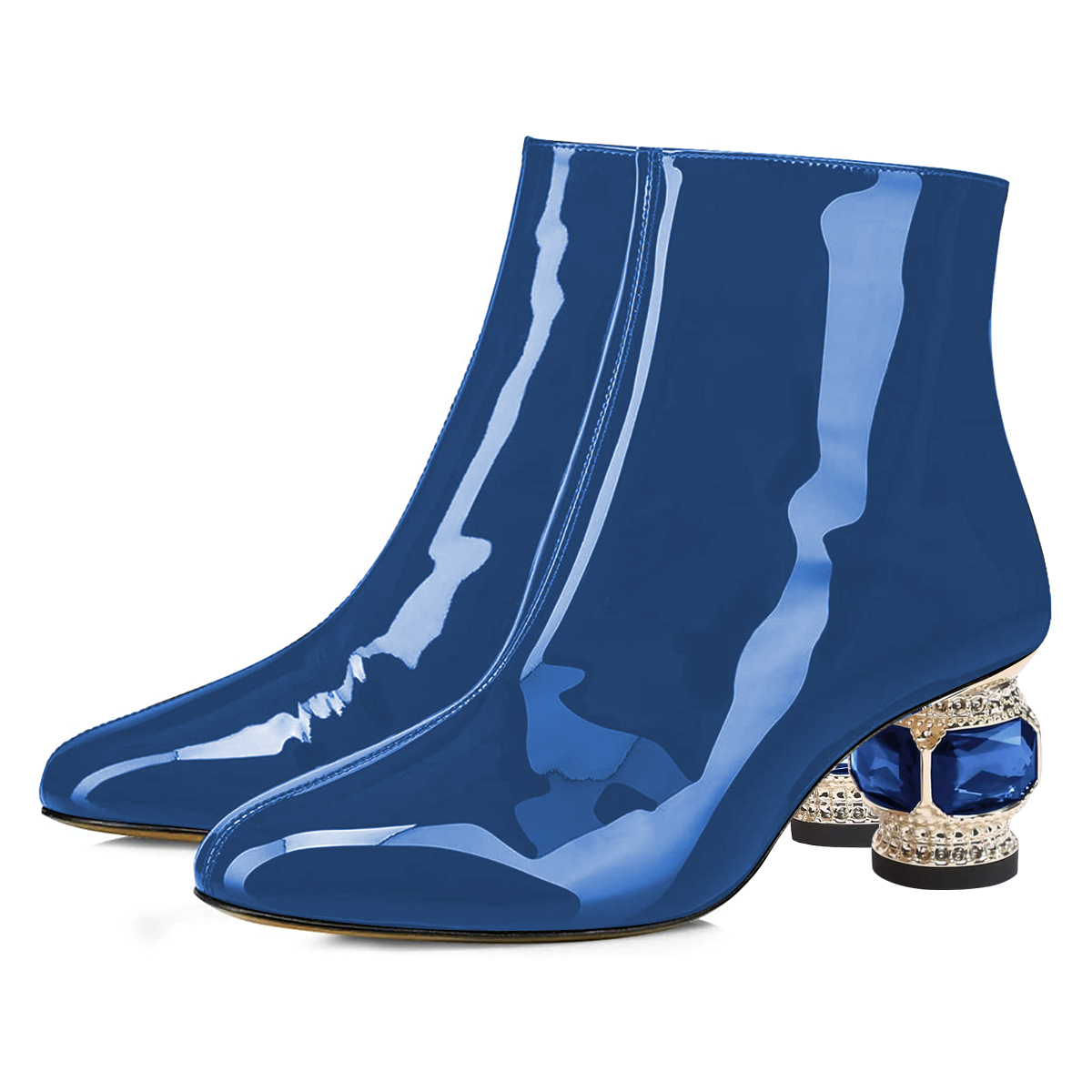 Navy Blue Metallic Pointed Toe Decorative Heel Side-Zip Ankle Boots Nicepairs