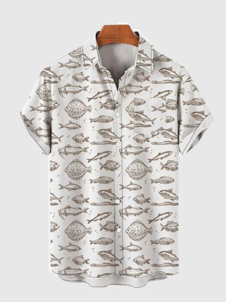 Full-Print Hand Painted Fish Pattern Printing Men's Short Sleeve Shirt