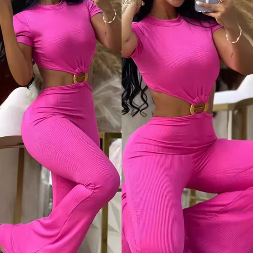 Wongn Wongn 2023 Women's Sexy Round Collar Open Back Slim And Hip Solid Color Jumpsuit Sportswear