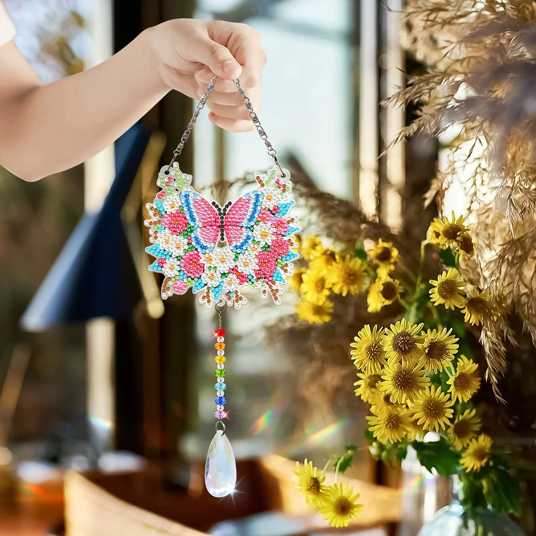 2Pcs Flowers and Butterflies DIY Acrylic Diamond Painting Art Wind Chimes with Crystal Pendant Diamond Art Hanging Pendant Double-Sided for Adults Beginners Gift Home Garden Decor
