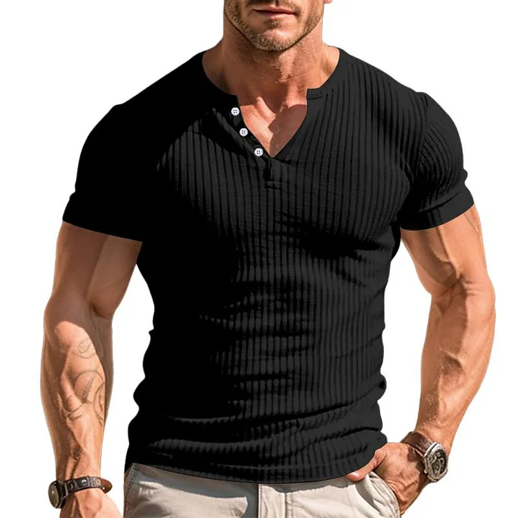 Men's Solid Color Henley Collar Slim Fit Short Sleeve T-Shirt