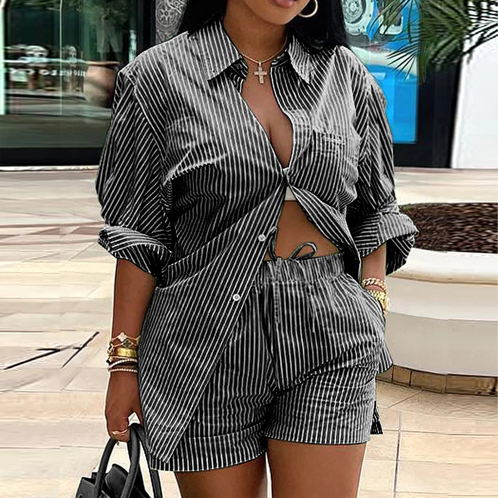 Fashion Stripe Long Sleeve Shirt Shorts Two-Piece Set | IFYHOME